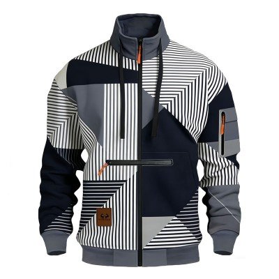 Men's Full-Zip Stand Collar Jacket with Black-White-Gray Stripe Geometric Print