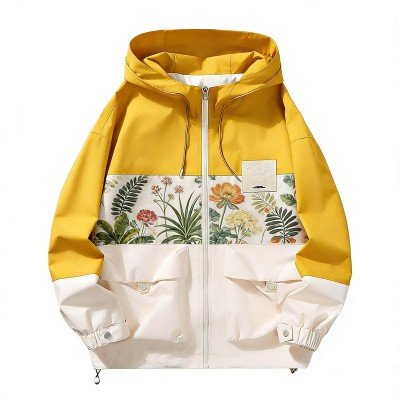 Men's Yellow-White Full-Zip Hooded Jacket with Tropical Floral Print