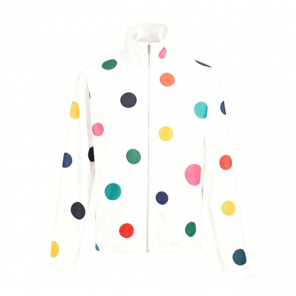 Men's White Stand-Collar Jacket with Multi-Color Polka Dot Print