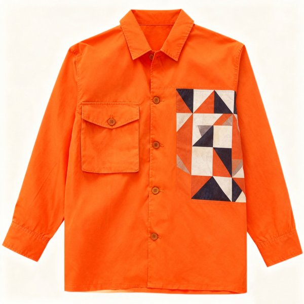 Men's Orange Shirt with Geometric Patch Print