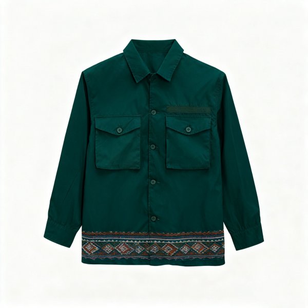 Men's Forest Green Shirt with Ethnic Border Hem Print