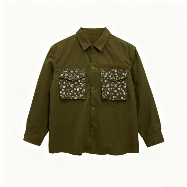 Men's Olive Green Shirt with Floral Pocket Print