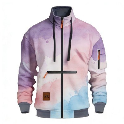 Men's Full-Zip Stand Collar Jacket with Watercolor Gradient Print