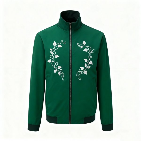 Men's Forest Green Stand-Collar Jacket with White Vine Print