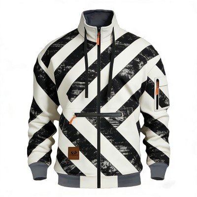 Men's Full-Zip Stand Collar Jacket with Black-White Diagonal Stripe Print