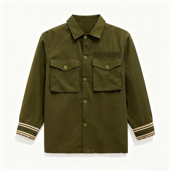 Men's Olive Green Shirt with Striped Cuff Print