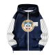 Men's Navy-White Full-Zip Hooded Jacket with Striped Sleeves & Cartoon Bear Print