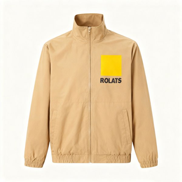 Men's Khaki Stand-Collar Jacket with Yellow Square & Letter Print