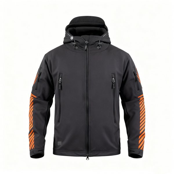 Men's Black Hooded Jacket with Orange Striped Sleeve Print