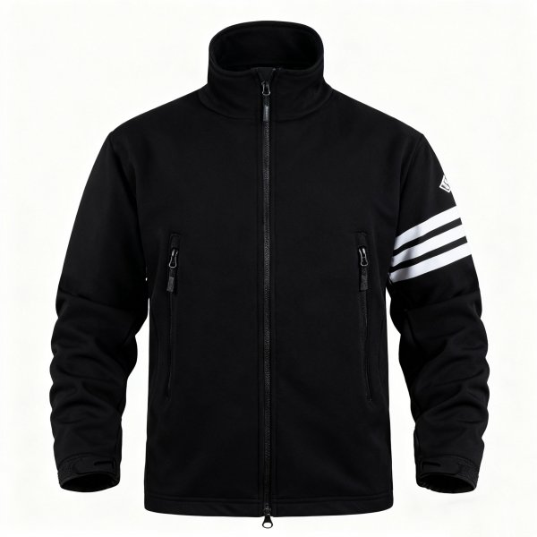 Men's Black Stand-Collar Jacket with White Stripe Sleeve Print